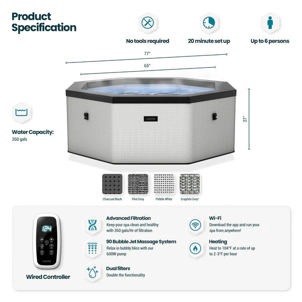 Wave Spas Como Octagon 6 Person Eco Foam Hot Tub With Built-In Integrated Heater-Purely Relaxation