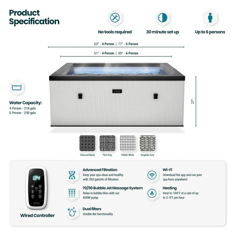 Wave Spas Garda Square 4 or 6 Person Eco Foam Hot Tub With Built-In Integrated Heater-Purely Relaxation