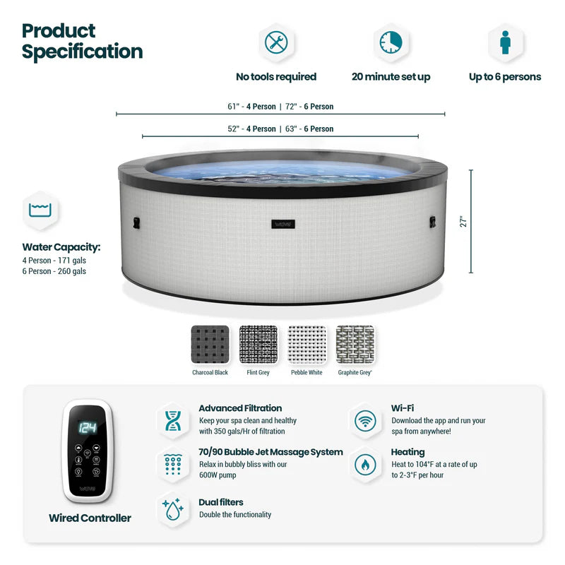 Wave Spas Tahoe Round 4 or 6 Person Eco Foam Hot Tub With Built-In Integrated Heater-Purely Relaxation