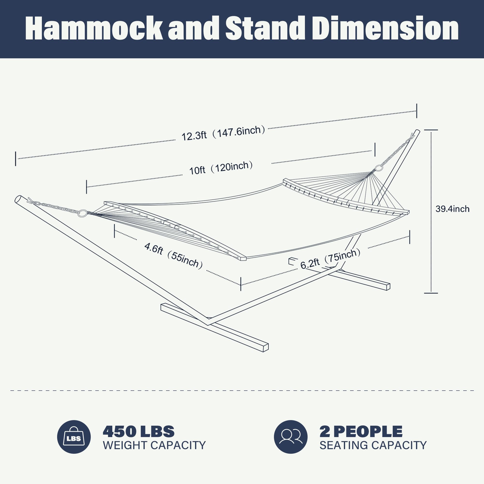 Patio Watcher 12 FT Double Quick Dry Hammock with Curved Bamboo Spreader Bar, Outdoor Patio Two Person Hammock with Portable Steel Stand,450 lbs Capacity, Blue White