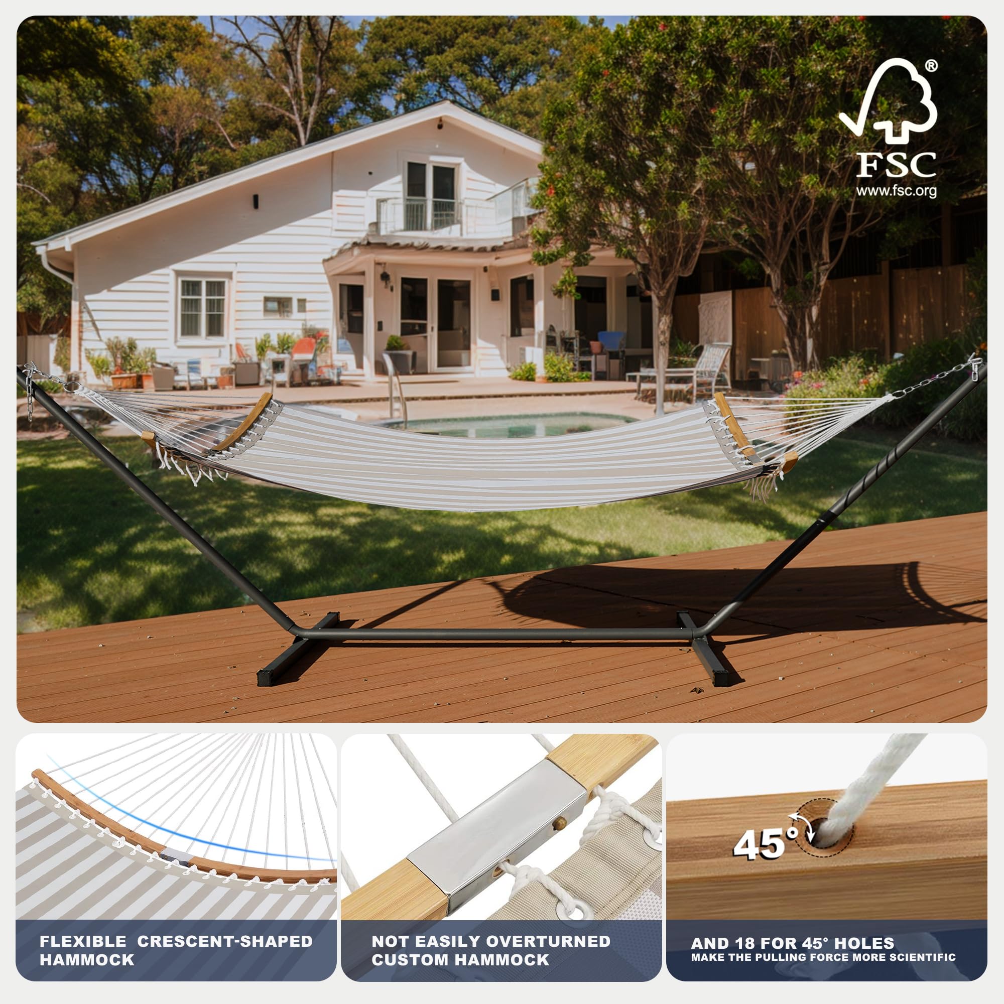 Patio Watcher 12 FT Double Quick Dry Hammock with Curved Bamboo Spreader Bar, Outdoor Patio Two Person Hammock with Portable Steel Stand,450 lbs Capacity, Beige White