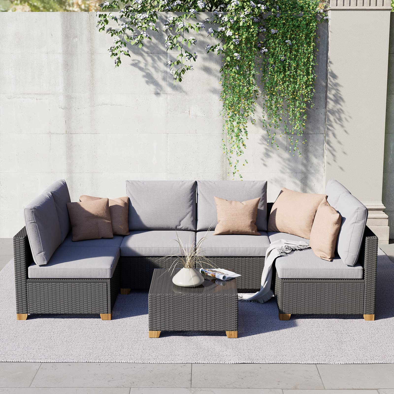 Grand patio 6 Seats Outdoor Conversation Sets with Olefin Cushions, Wicker Modular Sofa Sets with Coffee Table for Backyard Garden Poolside Light Gray