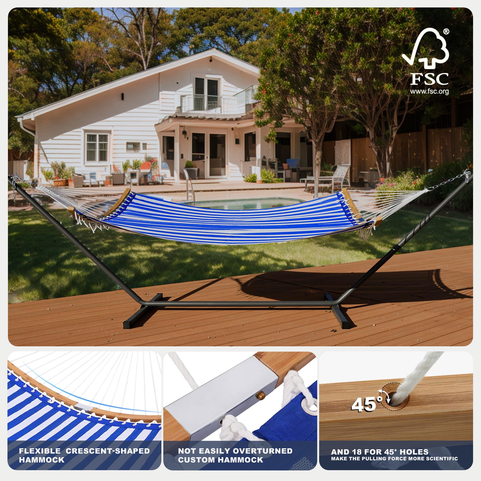 Patio Watcher 12 FT Double Quick Dry Hammock with Curved Bamboo Spreader Bar, Outdoor Patio Two Person Hammock with Portable Steel Stand,450 lbs Capacity, Blue White