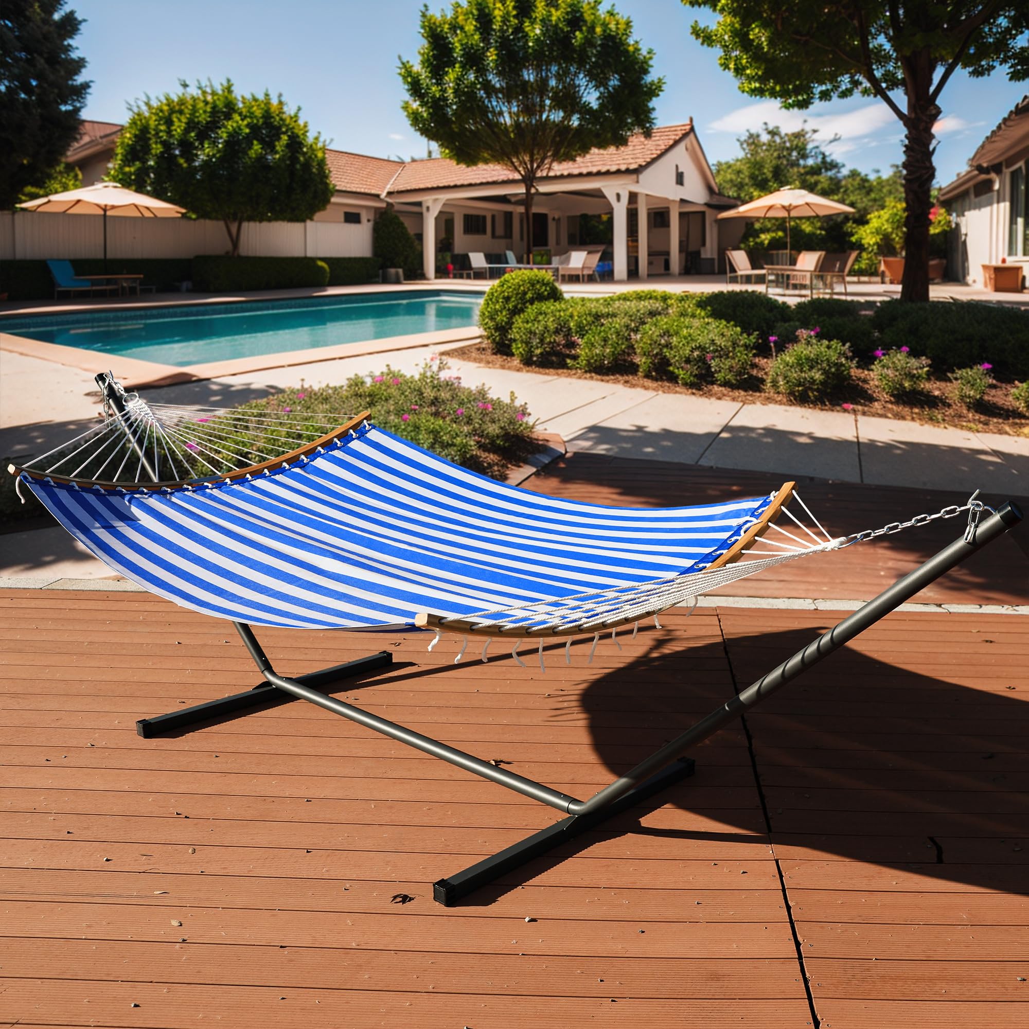 Patio Watcher 12 FT Double Quick Dry Hammock with Curved Bamboo Spreader Bar, Outdoor Patio Two Person Hammock with Portable Steel Stand,450 lbs Capacity, Blue White